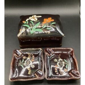 VTG Ceramic Porcelain Cigarette Box w/ 2 Ashtrays Inside Decorative Decor As Is